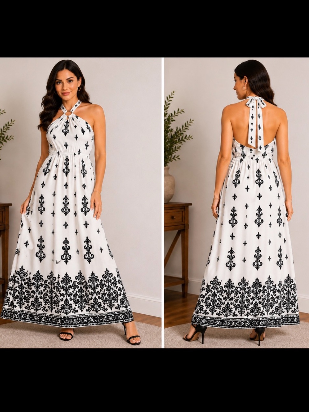 White House Black Market White Maxi Dress with Black Damask Print